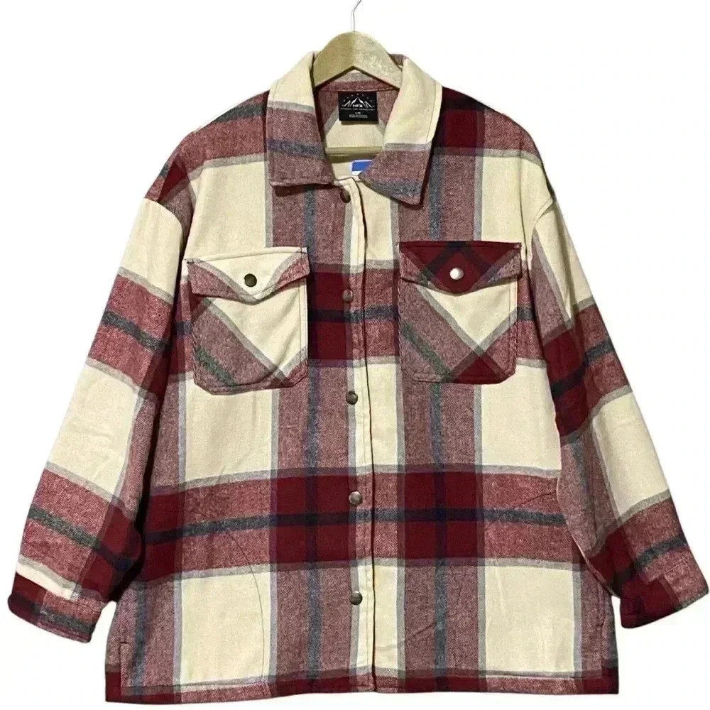 HFX Women's L Red Plaid Snap Front Shacket Shirt Jacket Pockets Overshirt NWT